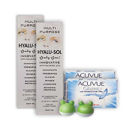 Value Pack of Acuvue Oasys 6+6 lenses, Hyalu-Sol 360ml 2 pcs and Cute Lens Case
