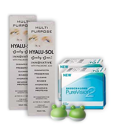 Komplekt PureVision 2HD 6+6 läätse, Hyalu-Sol 360ml 2tk ja lõbus konteiner